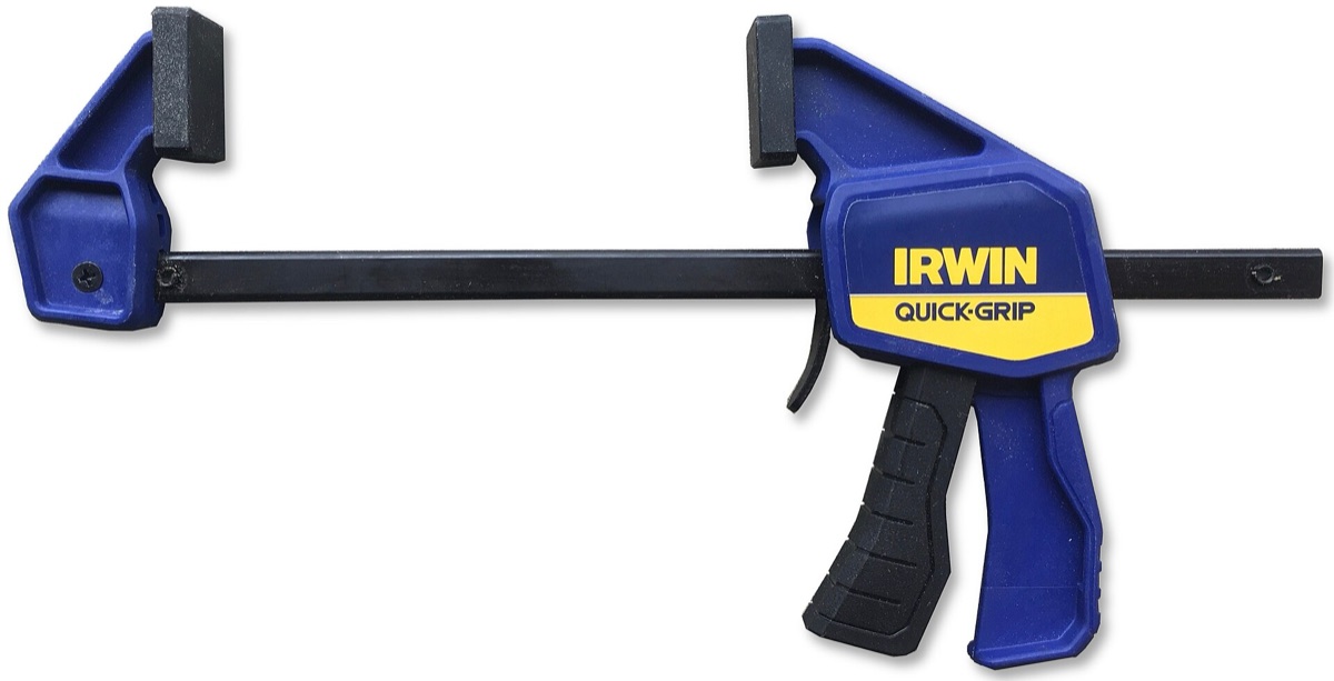 A blue IRWIN Quick-Grip one-handed bar clamp on a white background