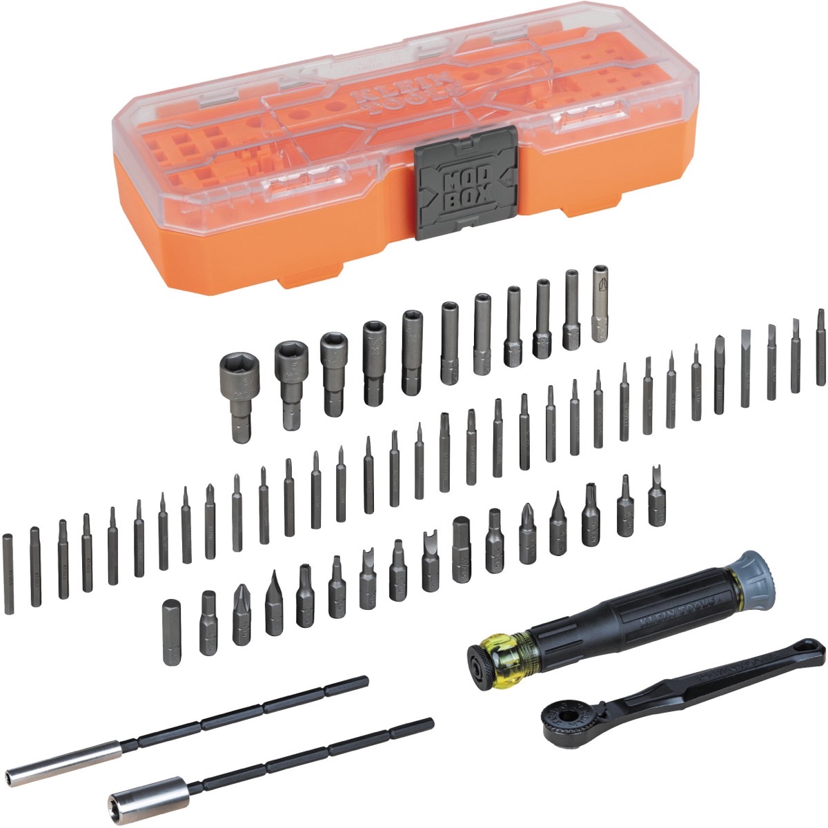 Klein Tools precision driver set laid out: an orange MODbox case, rows of bits and nut drivers, a screwdriver handle and a micro-ratchet