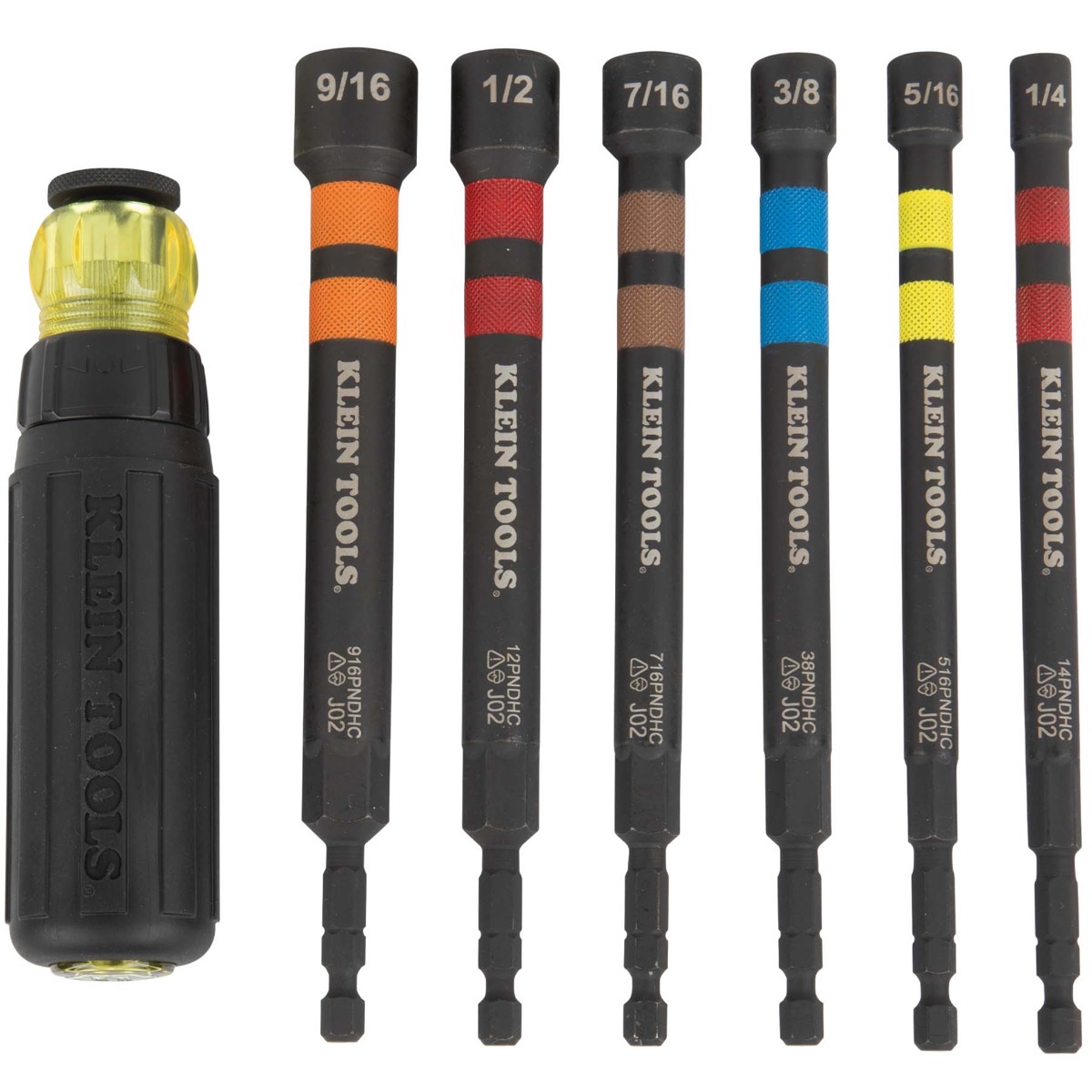 A Klein Tools ratcheting handle next to six black hollow nut drivers with colored size bands from 9/16 to 1/4 inch